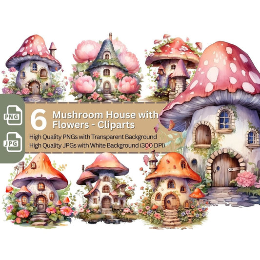 Mushroom House with Flowers 6+6 PNG Clip Art Bundle Fairycore Design - Everything Pixel