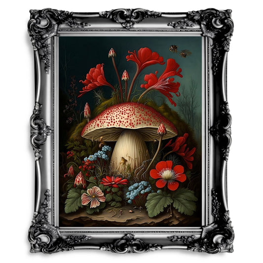 Mushrooms and Flowers in Alice Woodland Dark Academia Goblincore Poster - Everything Pixel