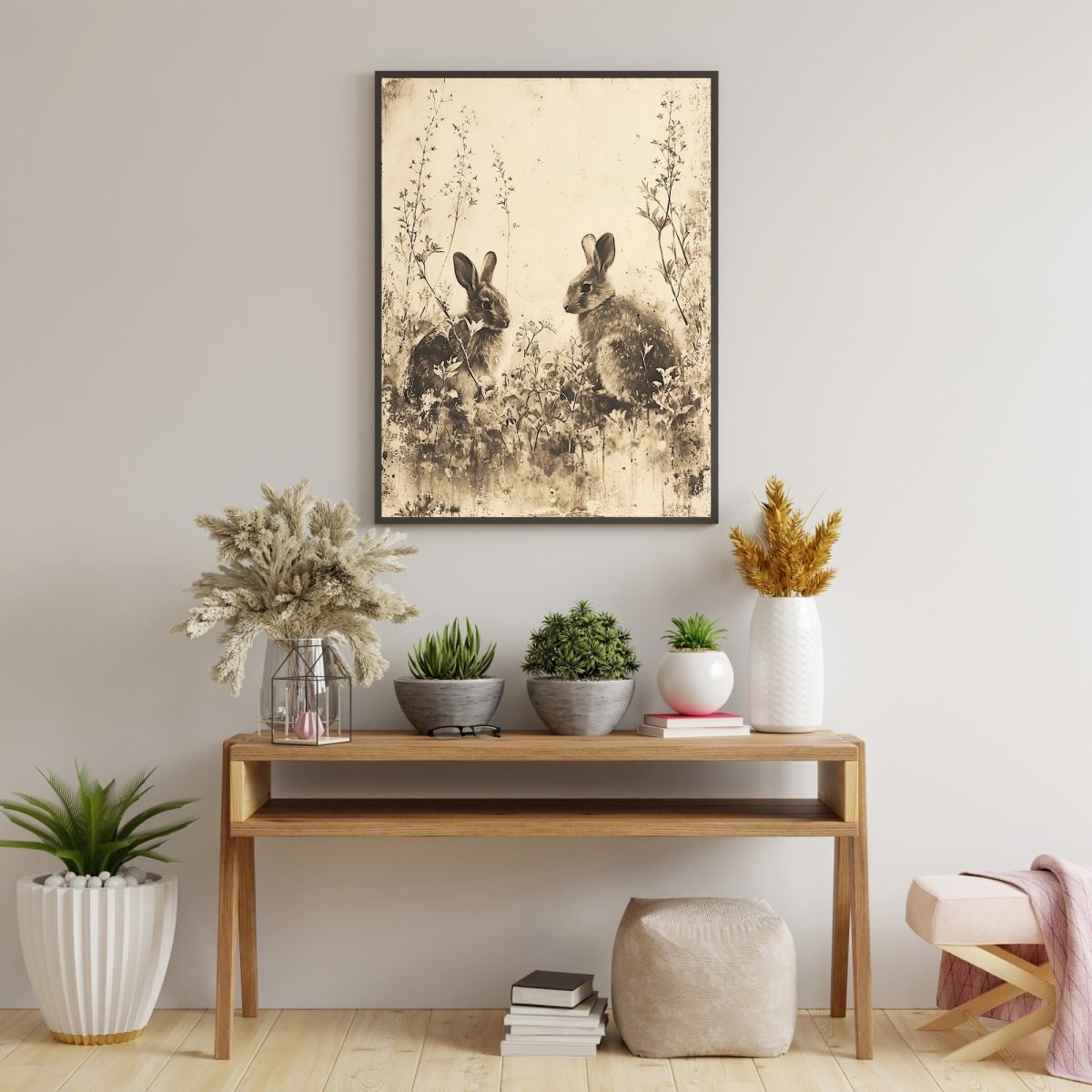 Muted Wildflower Meadow & Bunnies - Vintage Wall Art Print - Everything Pixel