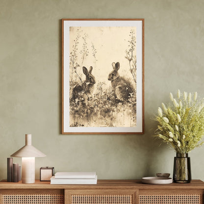 Muted Wildflower Meadow & Bunnies - Vintage Wall Art Print - Everything Pixel