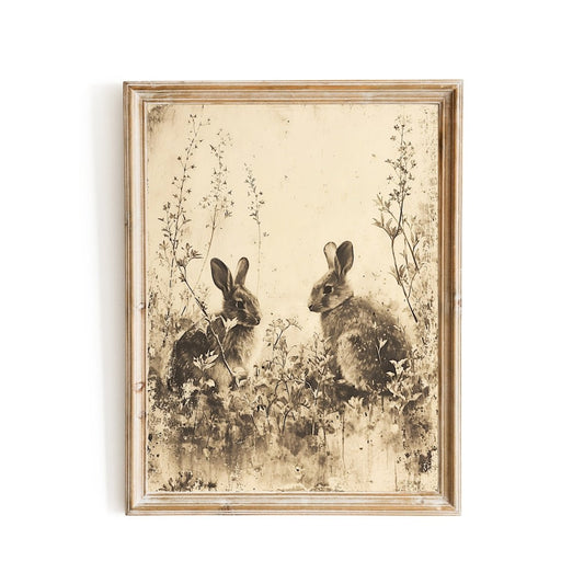 Muted Wildflower Meadow & Bunnies - Vintage Wall Art Print - Everything Pixel