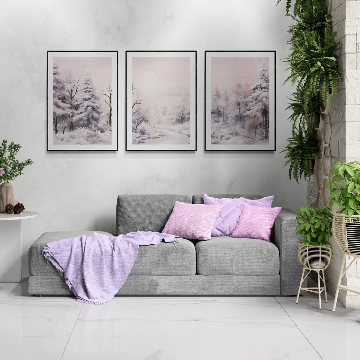 Muted Winter Landscape 3 Piece Wall Art Seasonal Triptych Painting Charming Soft Muted Colors Pink Winter Farmhouse Decoration Paper Poster Print - Everything Pixel