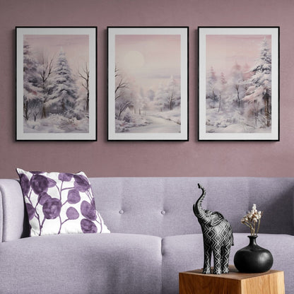 Muted Winter Landscape 3 Piece Wall Art Seasonal Triptych Painting Charming Soft Muted Colors Pink Winter Farmhouse Decoration Paper Poster Print - Everything Pixel