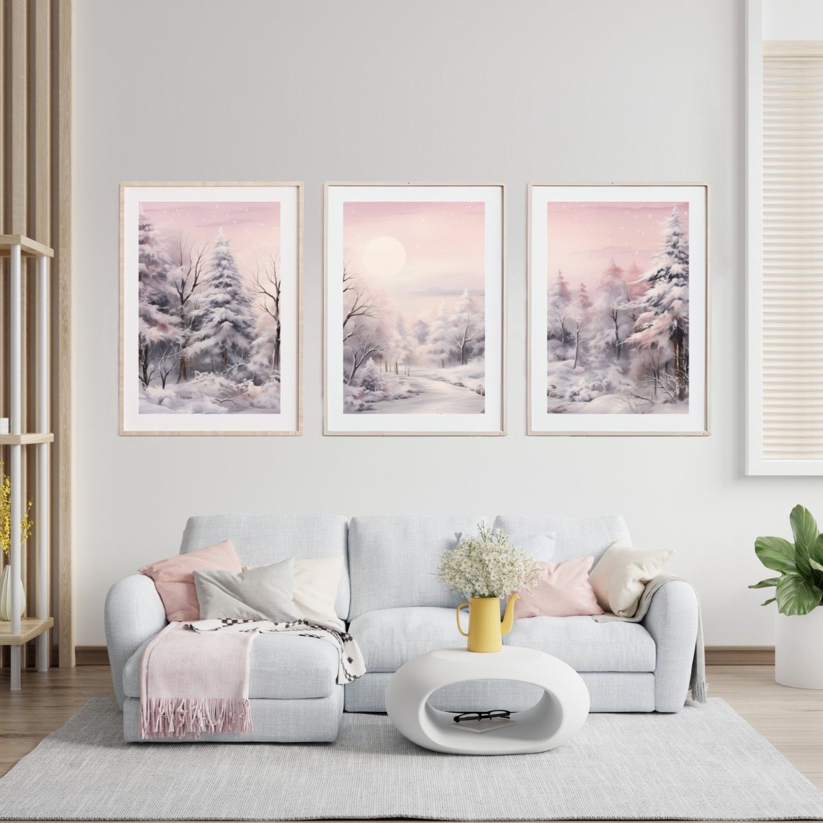 Muted Winter Landscape 3 Piece Wall Art Seasonal Triptych Painting Charming Soft Muted Colors Pink Winter Farmhouse Decoration Paper Poster Print - Everything Pixel