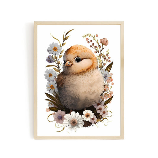Nursery decor baby chicken with flowers animal wall art - gender neutral - Everything Pixel
