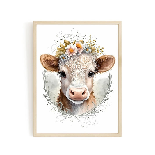 Nursery decor baby cow with flowers animal wall art - gender neutral - Everything Pixel