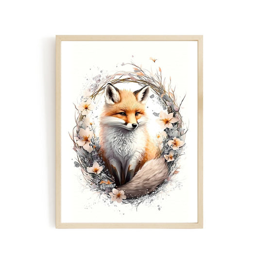 Nursery decor baby fox with flowers animal wall art - gender neutral - Everything Pixel