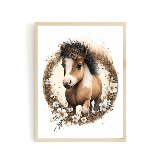 Nursery decor baby pony with flowers animal wall art - gender neutral - Everything Pixel