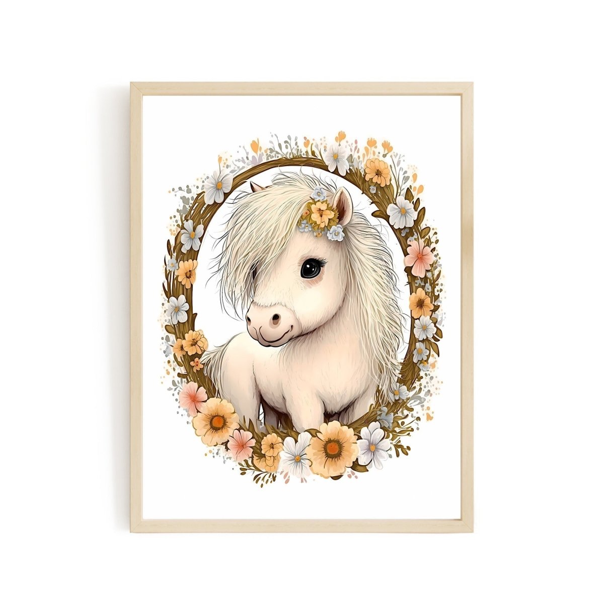 Nursery decor baby pony with flowers animal wall art - gender neutral - Everything Pixel