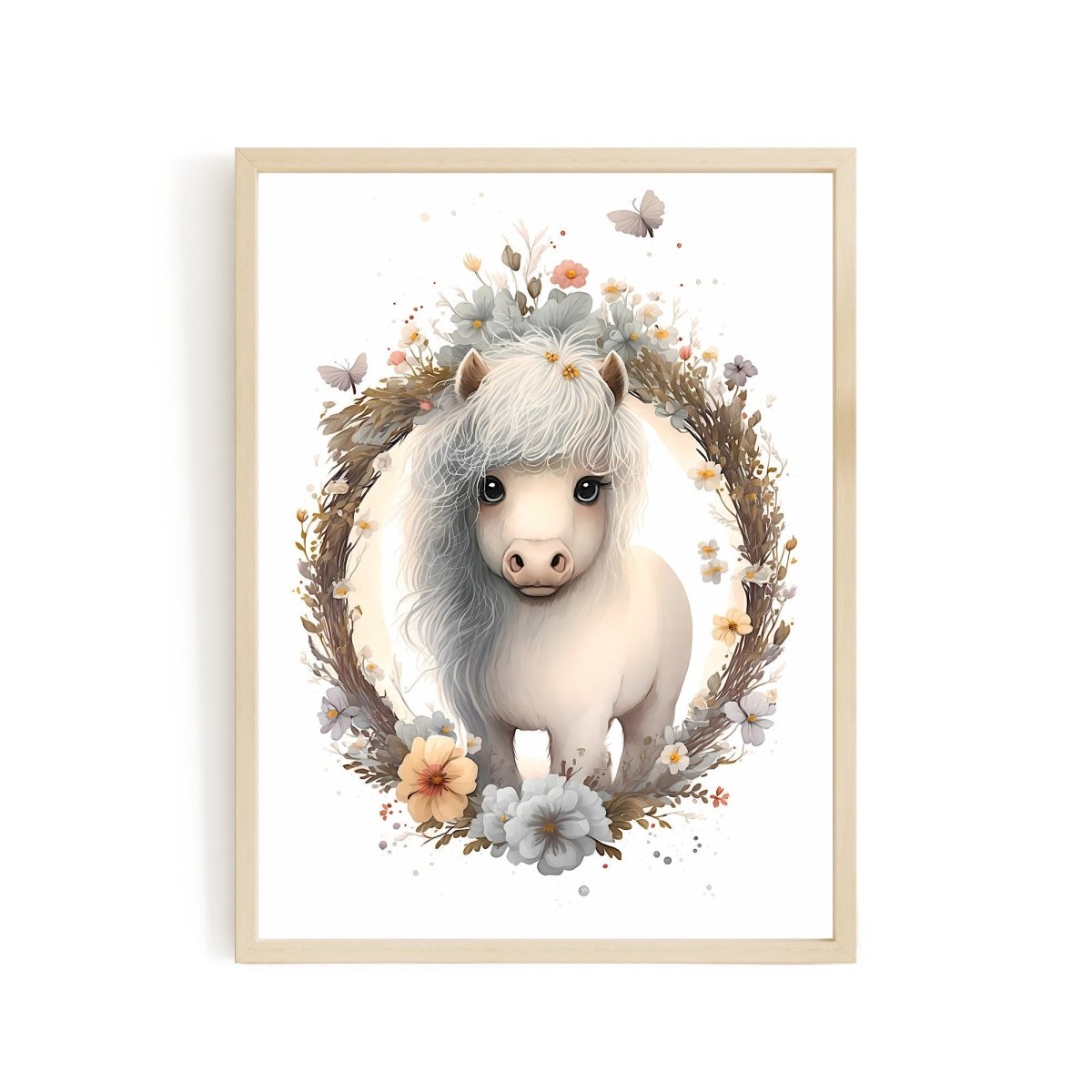 Nursery decor baby pony with flowers animal wall art - gender neutral - Everything Pixel