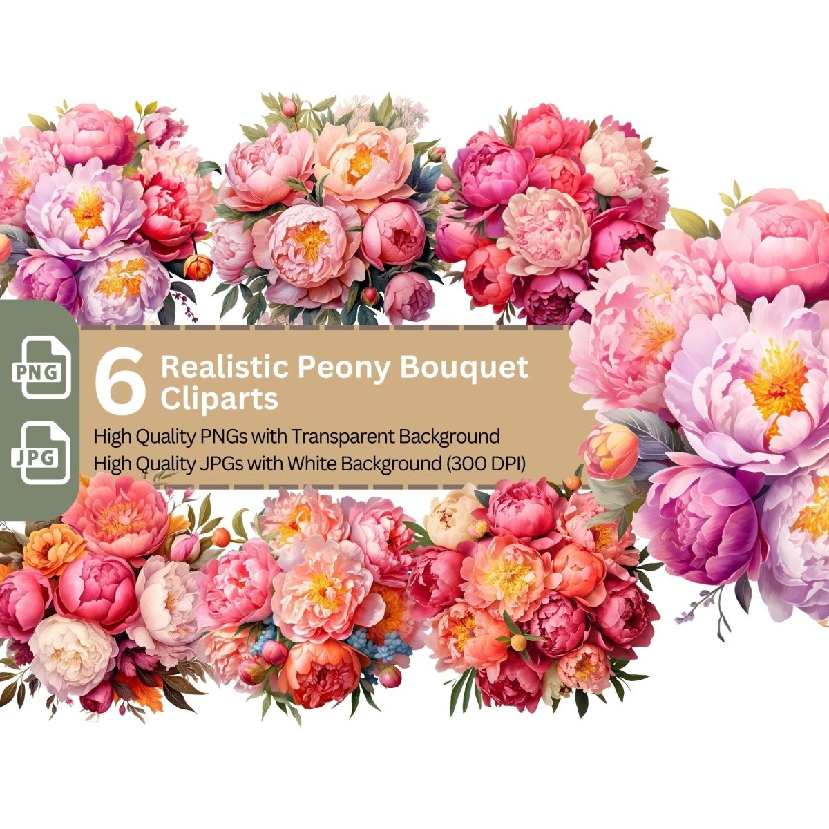 Peony Bouquet Realistic 6+6 PNG Clip Art Bundle - Everything Pixel