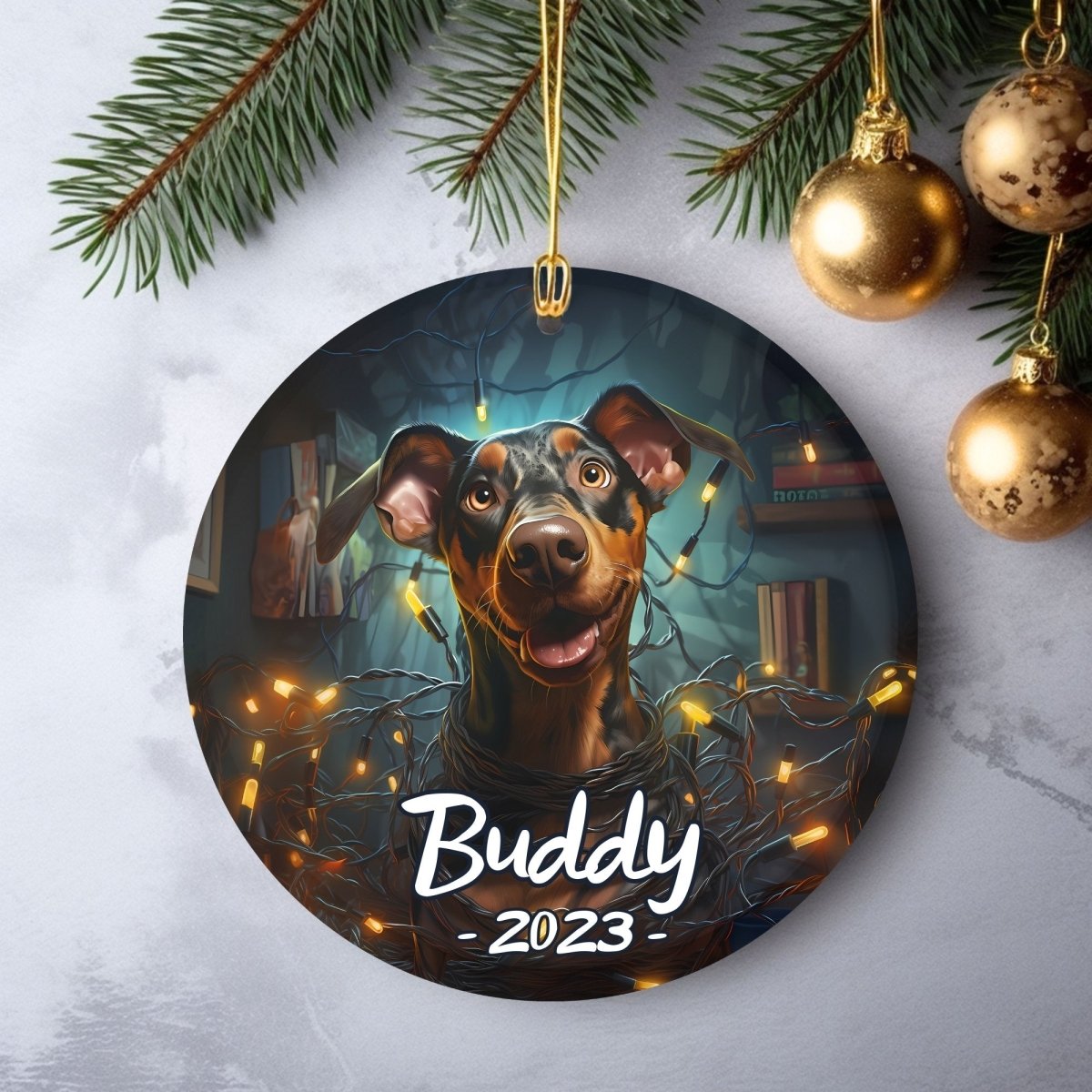 Personalised Dog Ornament - Custom Round Ceramic Pet Ornament, First Christmas with Dog, Memory Tree Decoration, Dog Lover Gift - Everything Pixel