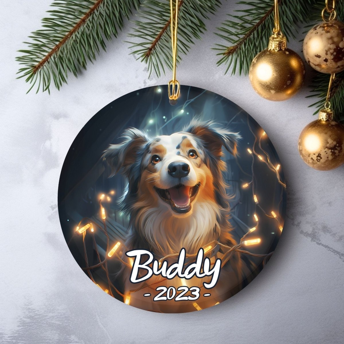 Personalised Dog Ornament - Custom Round Ceramic Pet Ornament, First Christmas with Dog, Memory Tree Decoration, Dog Lover Gift - Everything Pixel