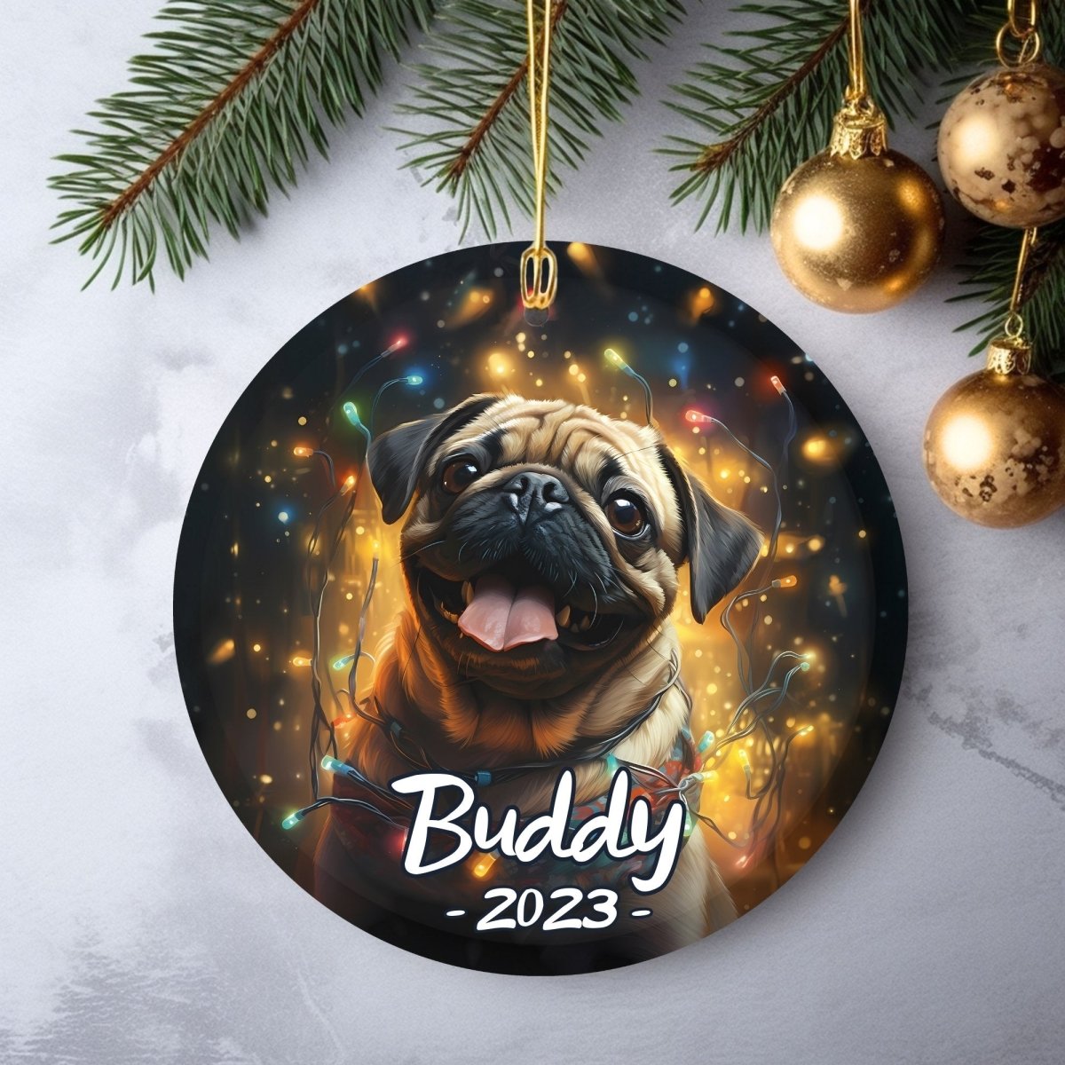 Personalised Dog Ornament - Custom Round Ceramic Pet Ornament, First Christmas with Dog, Memory Tree Decoration, Dog Lover Gift - Everything Pixel