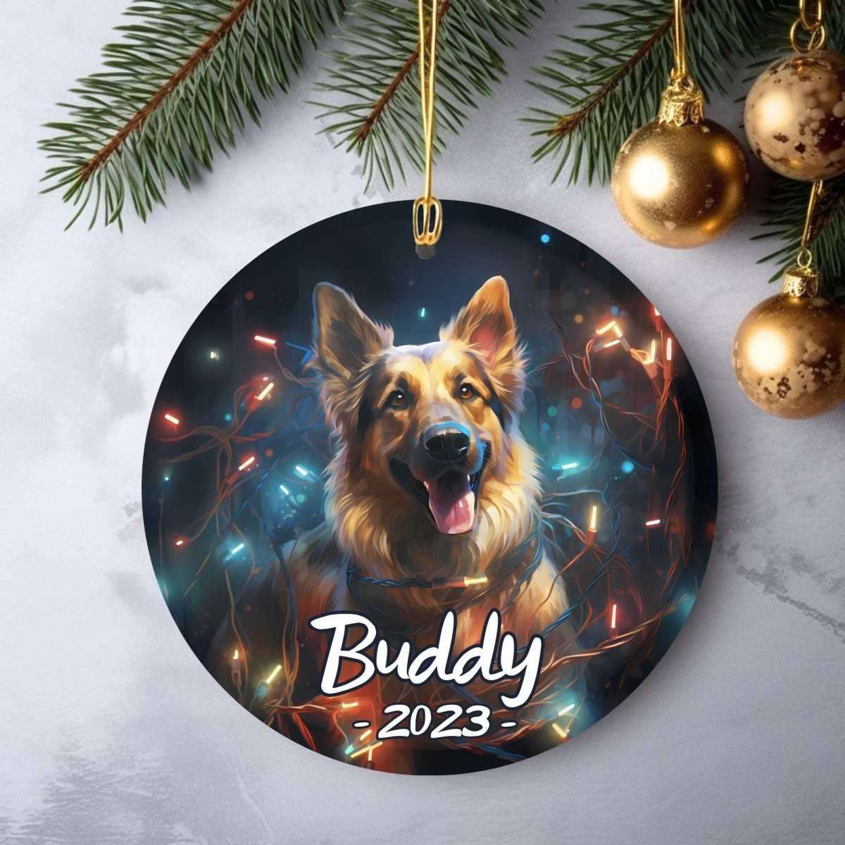 Personalised Dog Ornament - Custom Round Ceramic Pet Ornament, First Christmas with Dog, Memory Tree Decoration, Dog Lover Gift - Everything Pixel