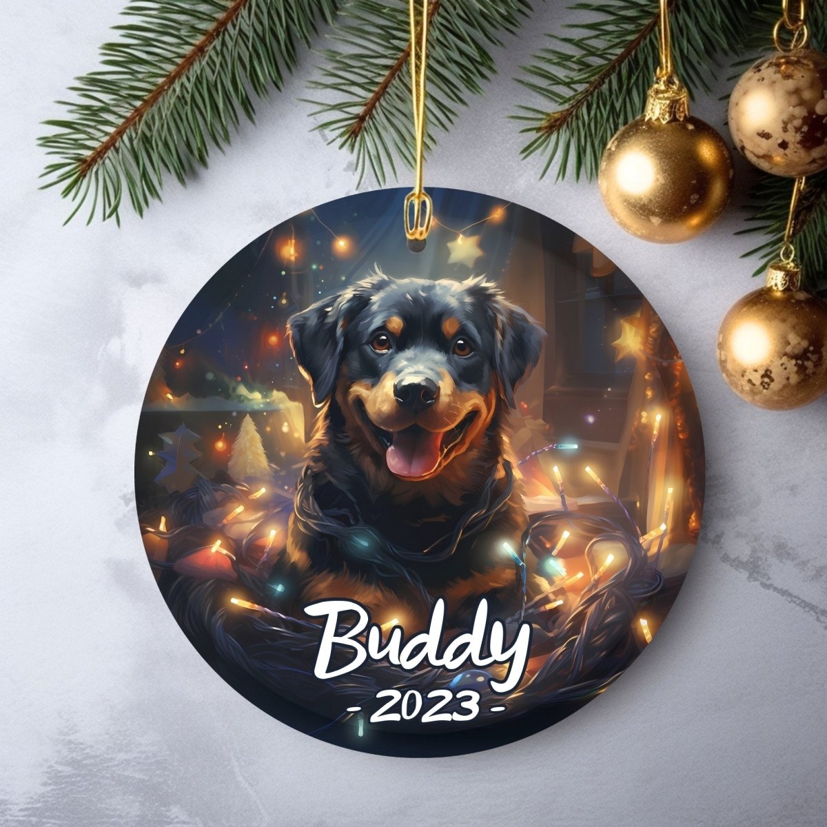 Personalised Dog Ornament - Custom Round Ceramic Pet Ornament, First Christmas with Dog, Memory Tree Decoration, Dog Lover Gift - Everything Pixel