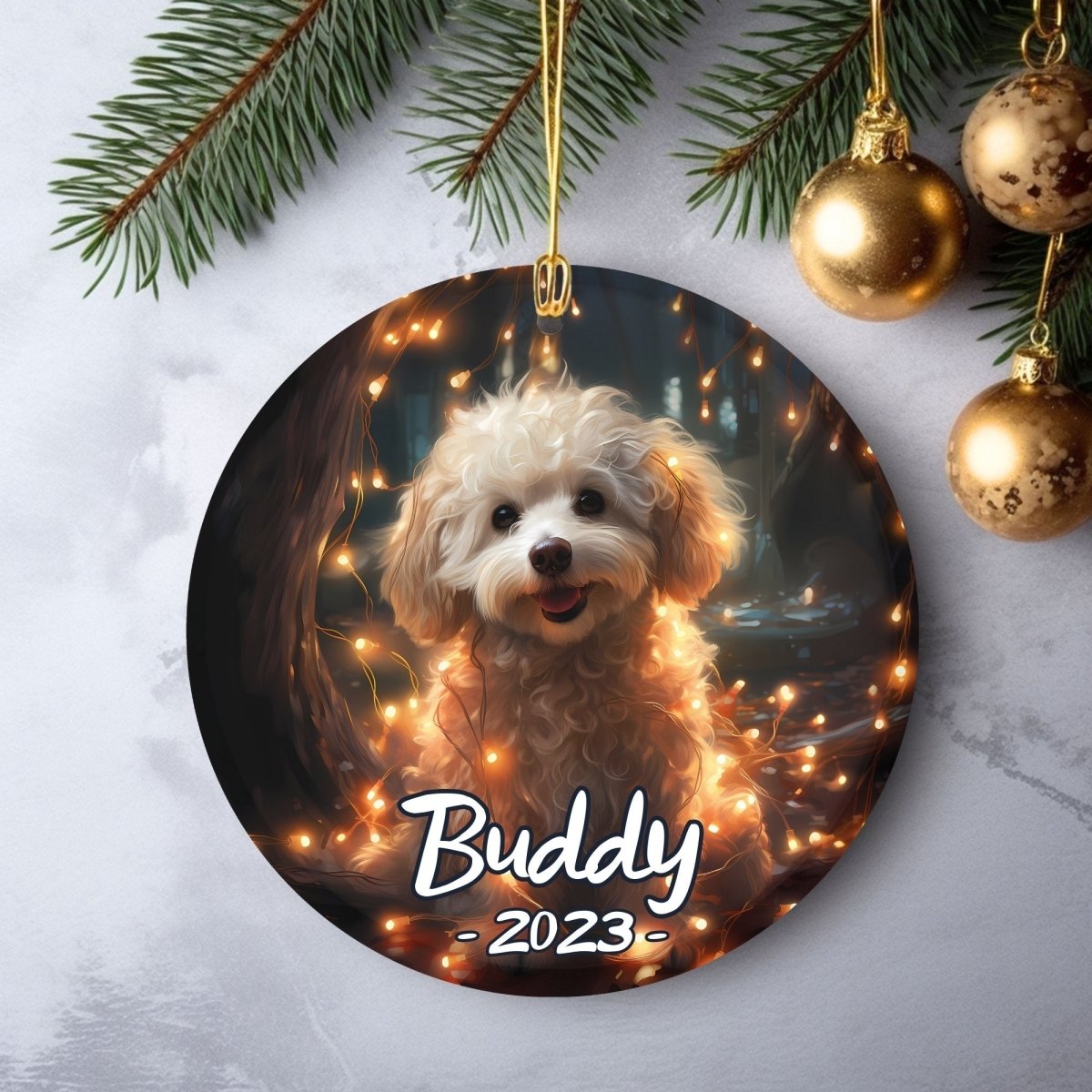 Personalised Dog Ornament - Custom Round Ceramic Pet Ornament, First Christmas with Dog, Memory Tree Decoration, Dog Lover Gift - Everything Pixel