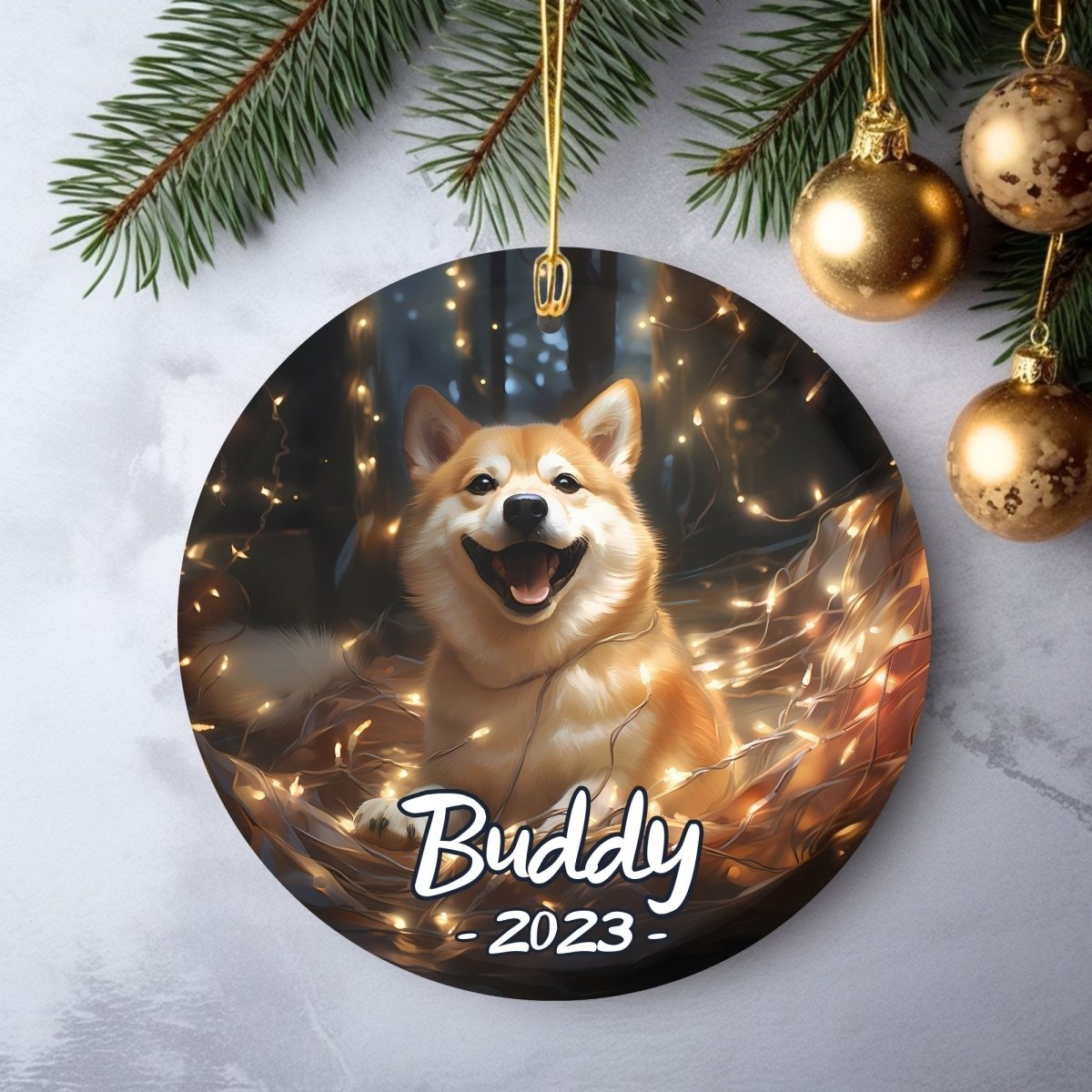 Personalised Dog Ornament - Custom Round Ceramic Pet Ornament, First Christmas with Dog, Memory Tree Decoration, Dog Lover Gift - Everything Pixel