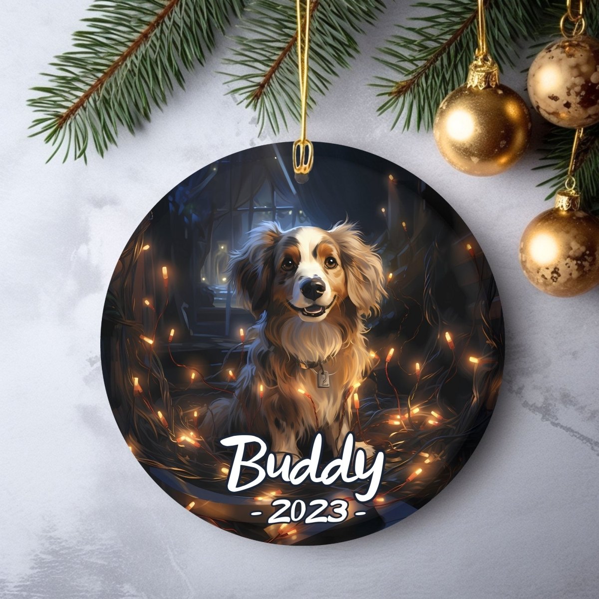 Personalised Dog Ornament - Custom Round Ceramic Pet Ornament, First Christmas with Dog, Memory Tree Decoration, Dog Lover Gift - Everything Pixel