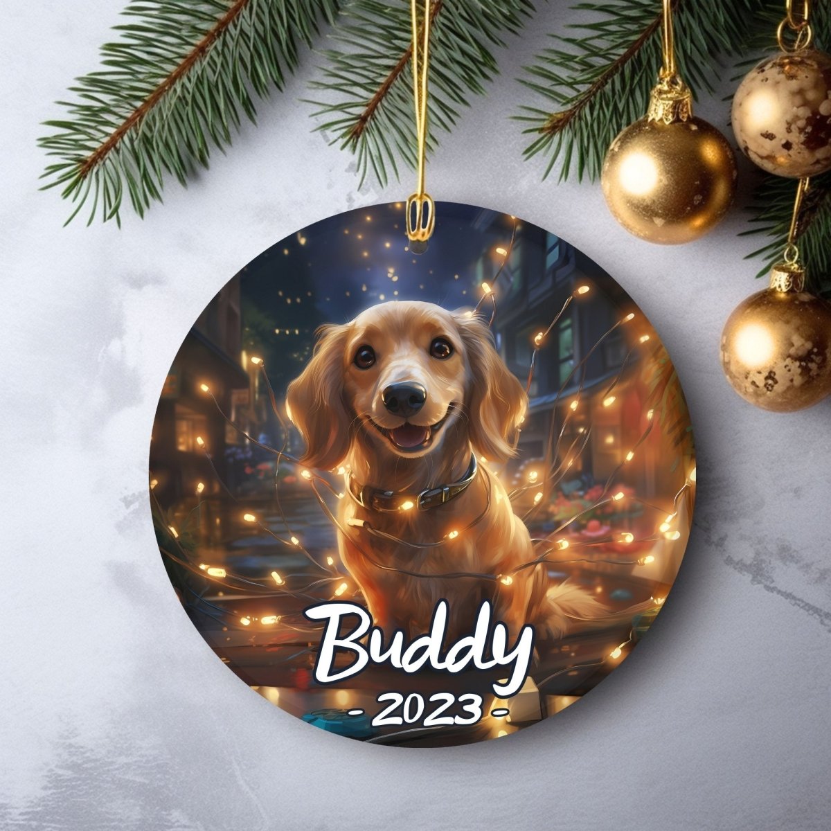 Personalised Dog Ornament - Custom Round Ceramic Pet Ornament, First Christmas with Dog, Memory Tree Decoration, Dog Lover Gift - Everything Pixel