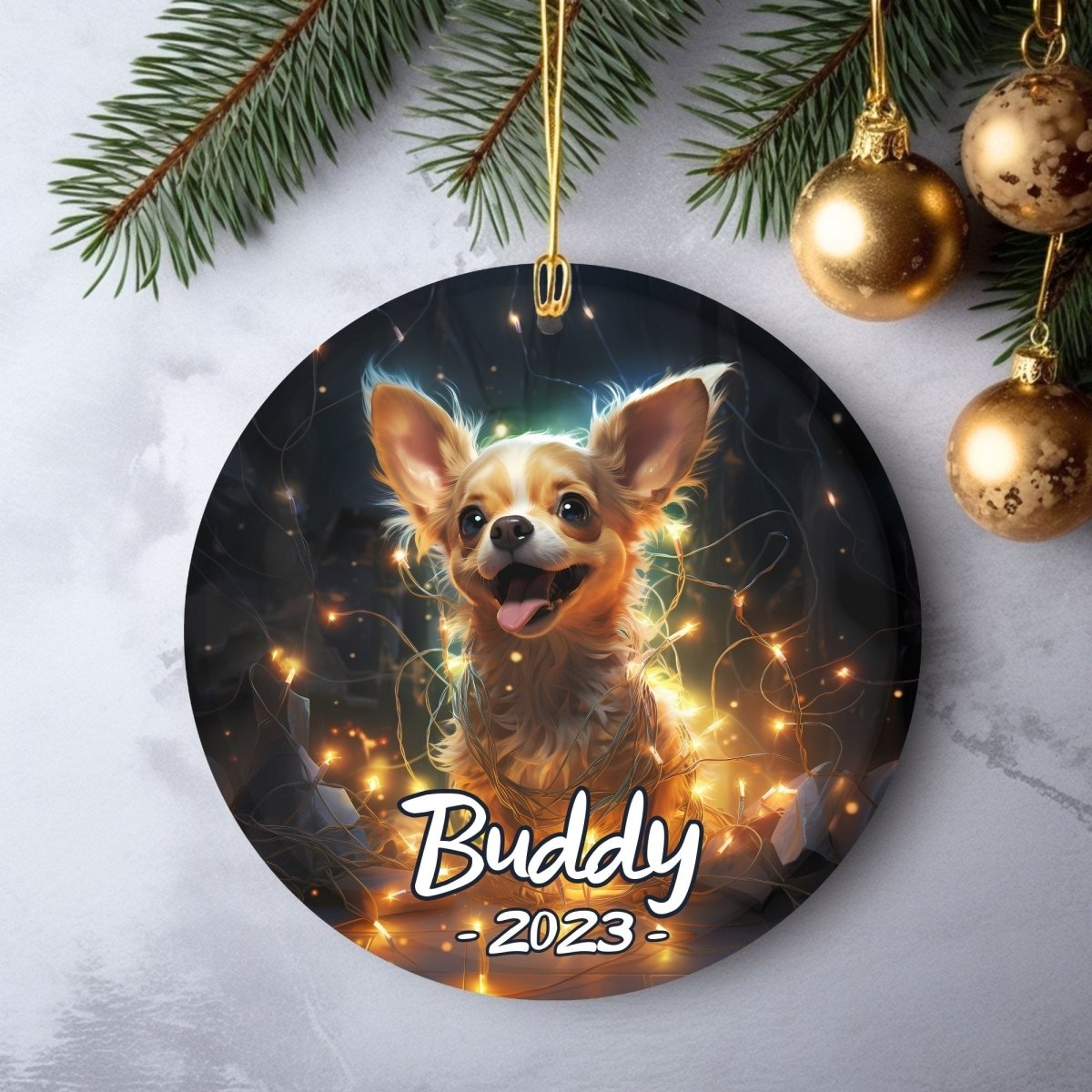 Personalised Dog Ornament - Custom Round Ceramic Pet Ornament, First Christmas with Dog, Memory Tree Decoration, Dog Lover Gift - Everything Pixel