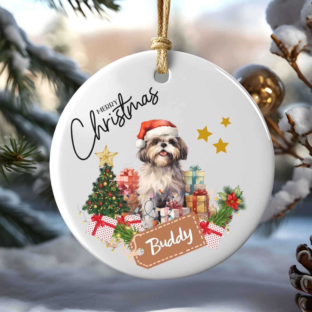 Personalised Dog Ornament - Custom Round Ceramic Pet Ornament, First Christmas with Dog, Memory Tree Decoration, Dog Lover Gift - Everything Pixel