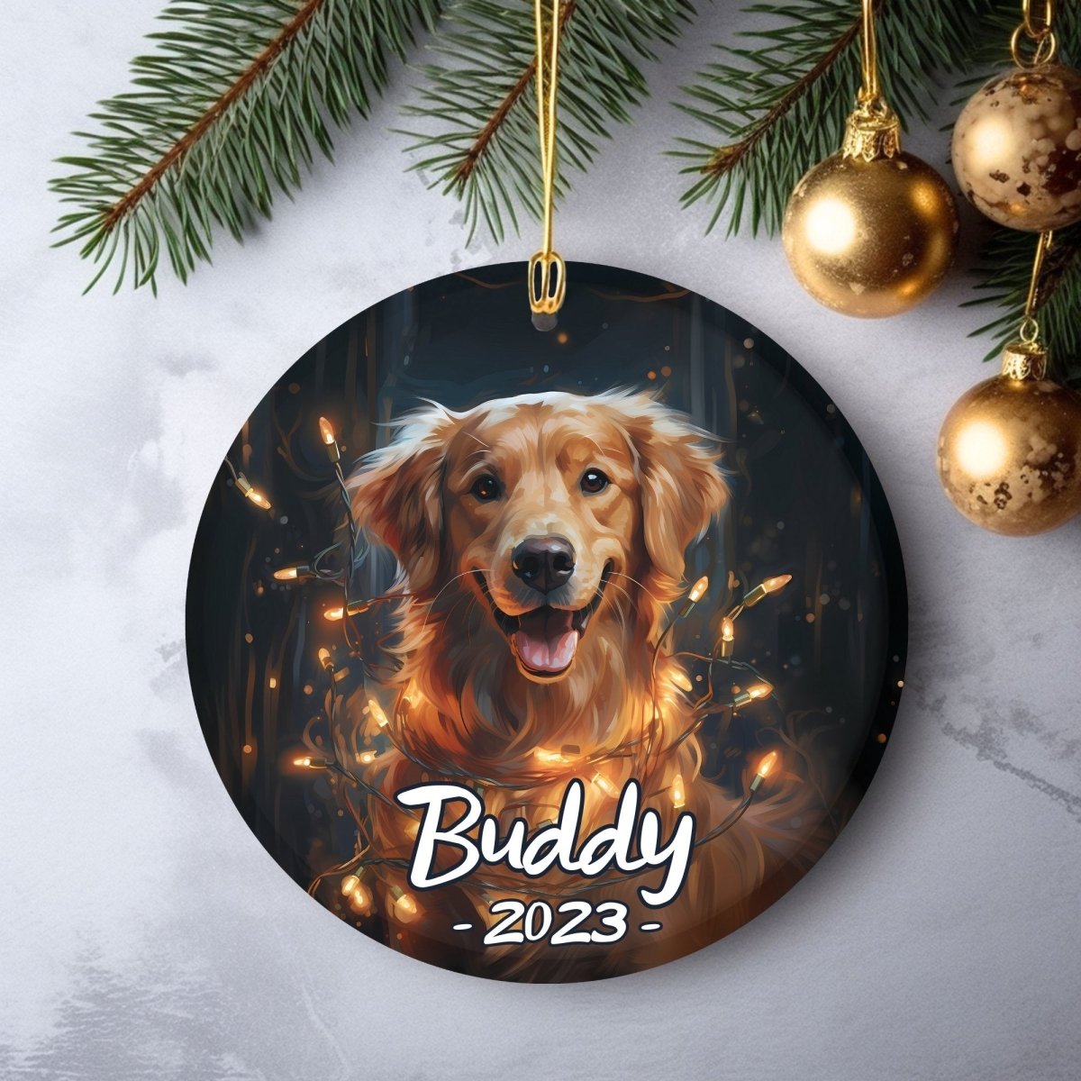 Personalised Dog Ornament - Custom Round Ceramic Pet Ornament, First Christmas with Dog, Memory Tree Decoration, Dog Lover Gift - Everything Pixel