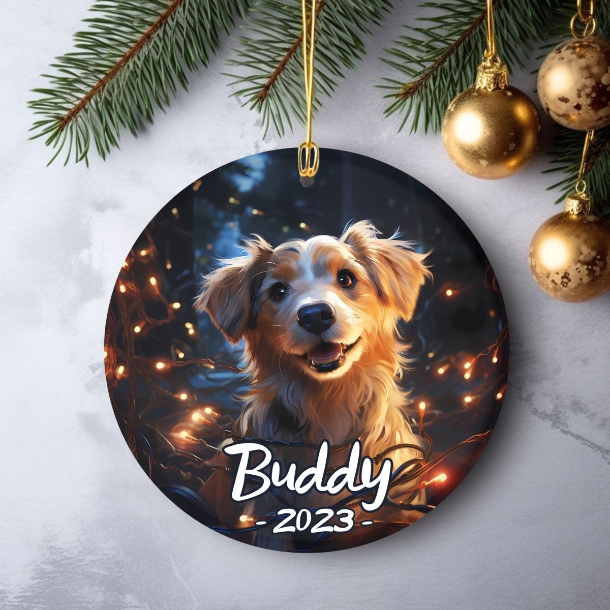 Personalised Dog Ornament - Custom Round Ceramic Pet Ornament, First Christmas with Dog, Memory Tree Decoration, Dog Lover Gift - Everything Pixel