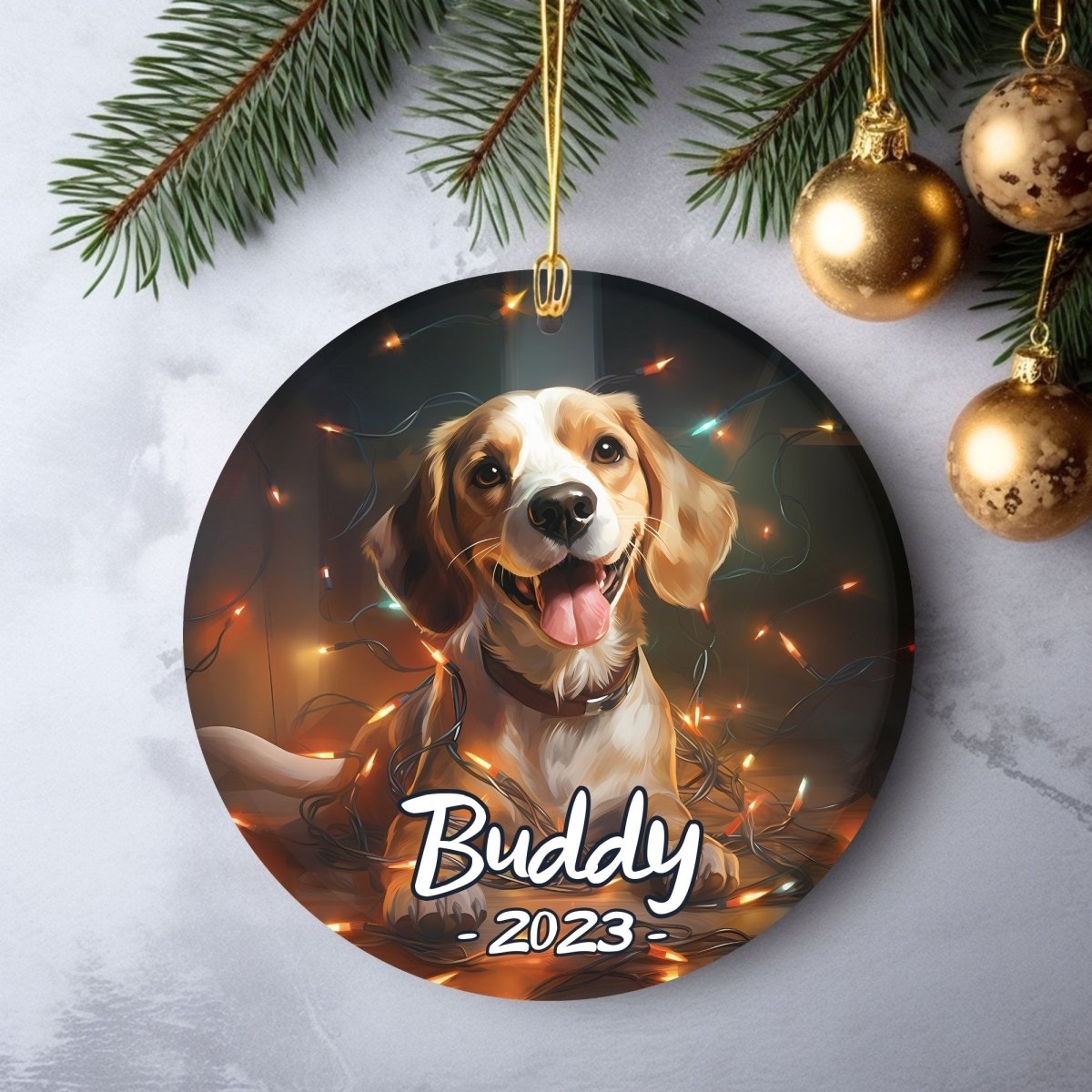 Personalised Dog Ornament - Custom Round Ceramic Pet Ornament, First Christmas with Dog, Memory Tree Decoration, Dog Lover Gift - Everything Pixel