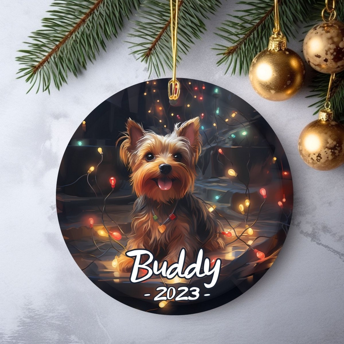 Personalised Dog Ornament - Custom Round Ceramic Pet Ornament, First Christmas with Dog, Memory Tree Decoration, Dog Lover Gift - Everything Pixel