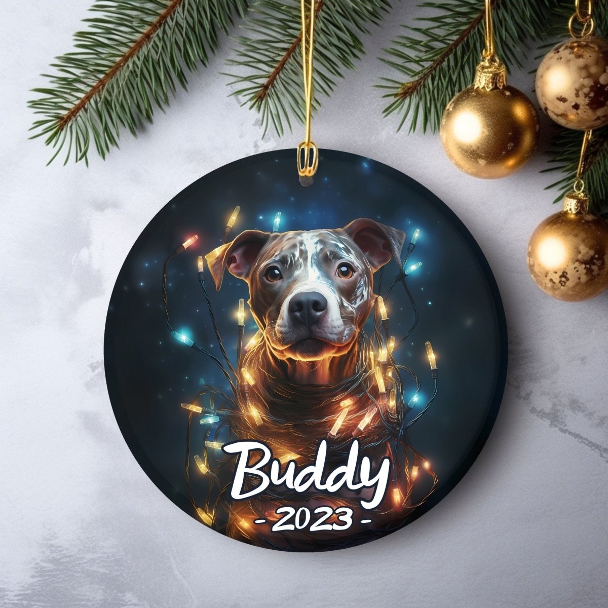 Personalised Dog Ornament - Custom Round Ceramic Pet Ornament, First Christmas with Dog, Memory Tree Decoration, Dog Lover Gift - Everything Pixel