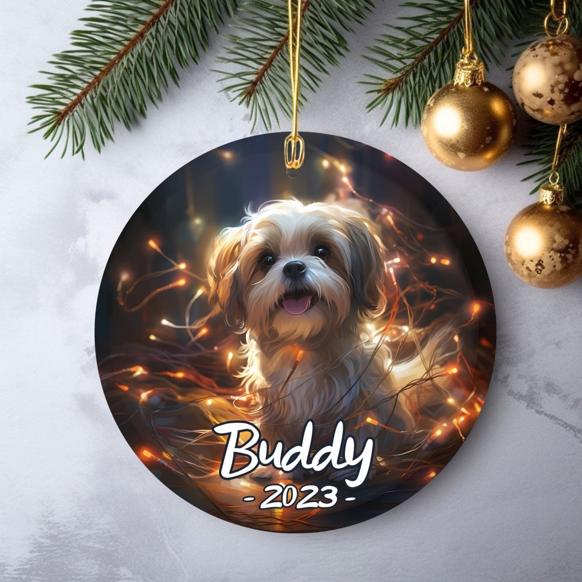 Personalised Dog Ornament - Custom Round Ceramic Pet Ornament, First Christmas with Dog, Memory Tree Decoration, Dog Lover Gift - Everything Pixel