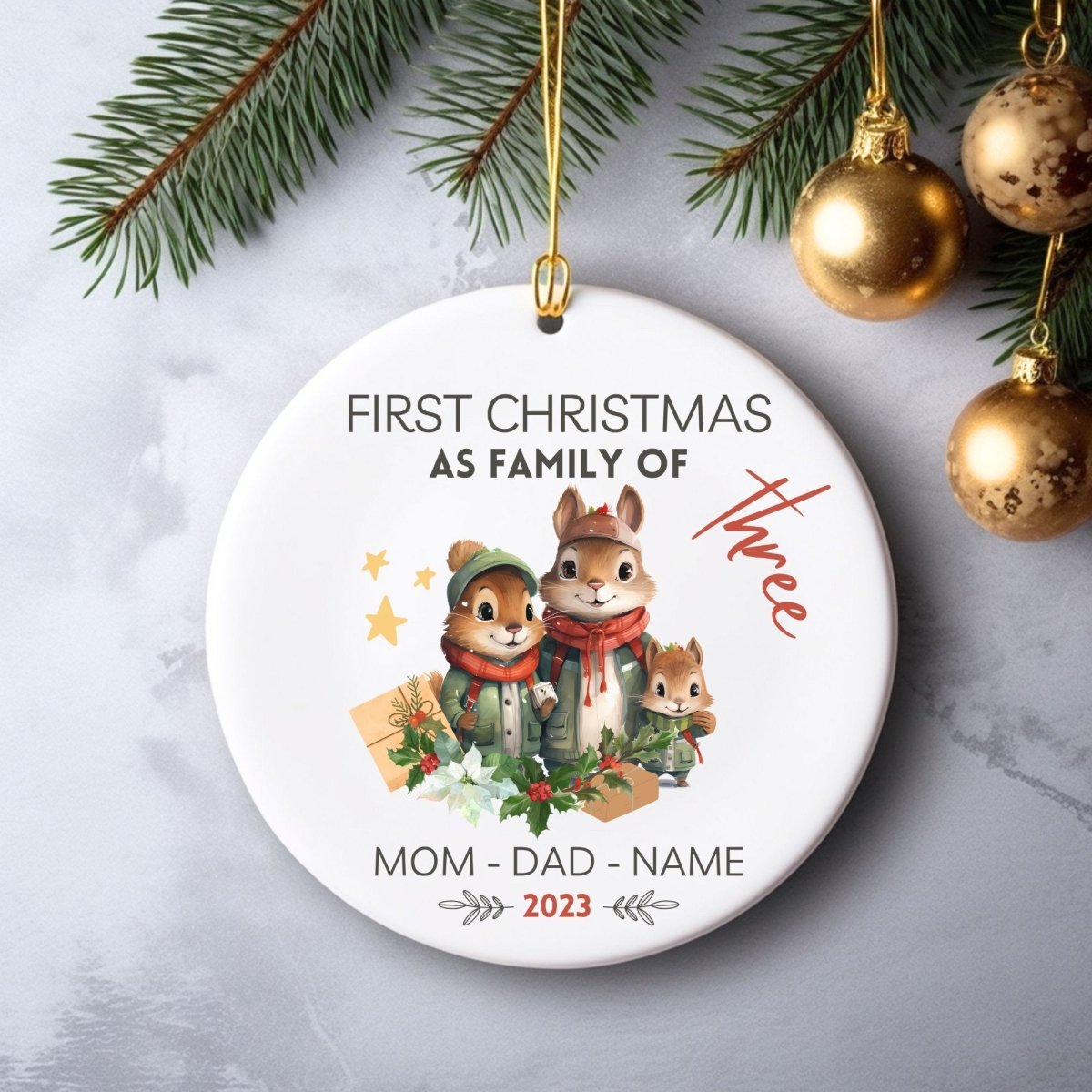 Personalised First Christmas as Family of Three - Custom Round Ceramic Ornament, New Baby Gift, First Christmas Tree Decoration - Everything Pixel