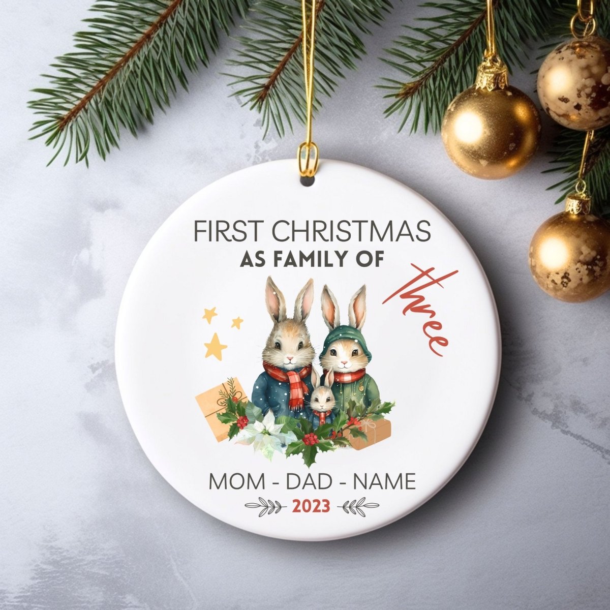 Personalised First Christmas as Family of Three - Custom Round Ceramic Ornament, New Baby Gift, First Christmas Tree Decoration - Everything Pixel