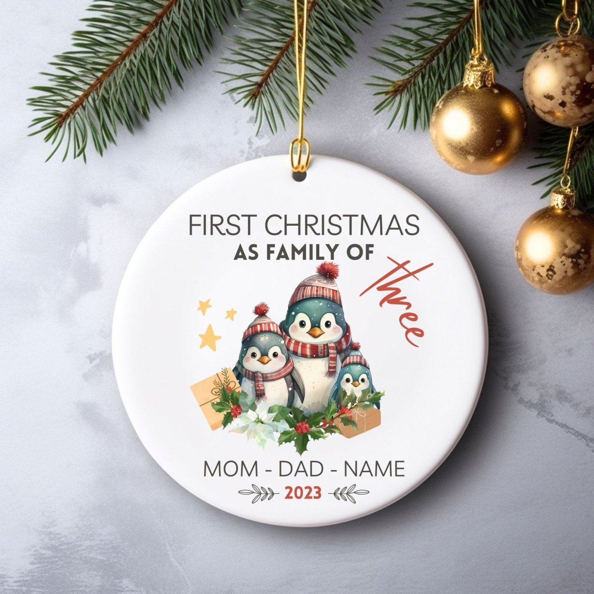 Personalised First Christmas as Family of Three - Custom Round Ceramic Ornament, New Baby Gift, First Christmas Tree Decoration - Everything Pixel