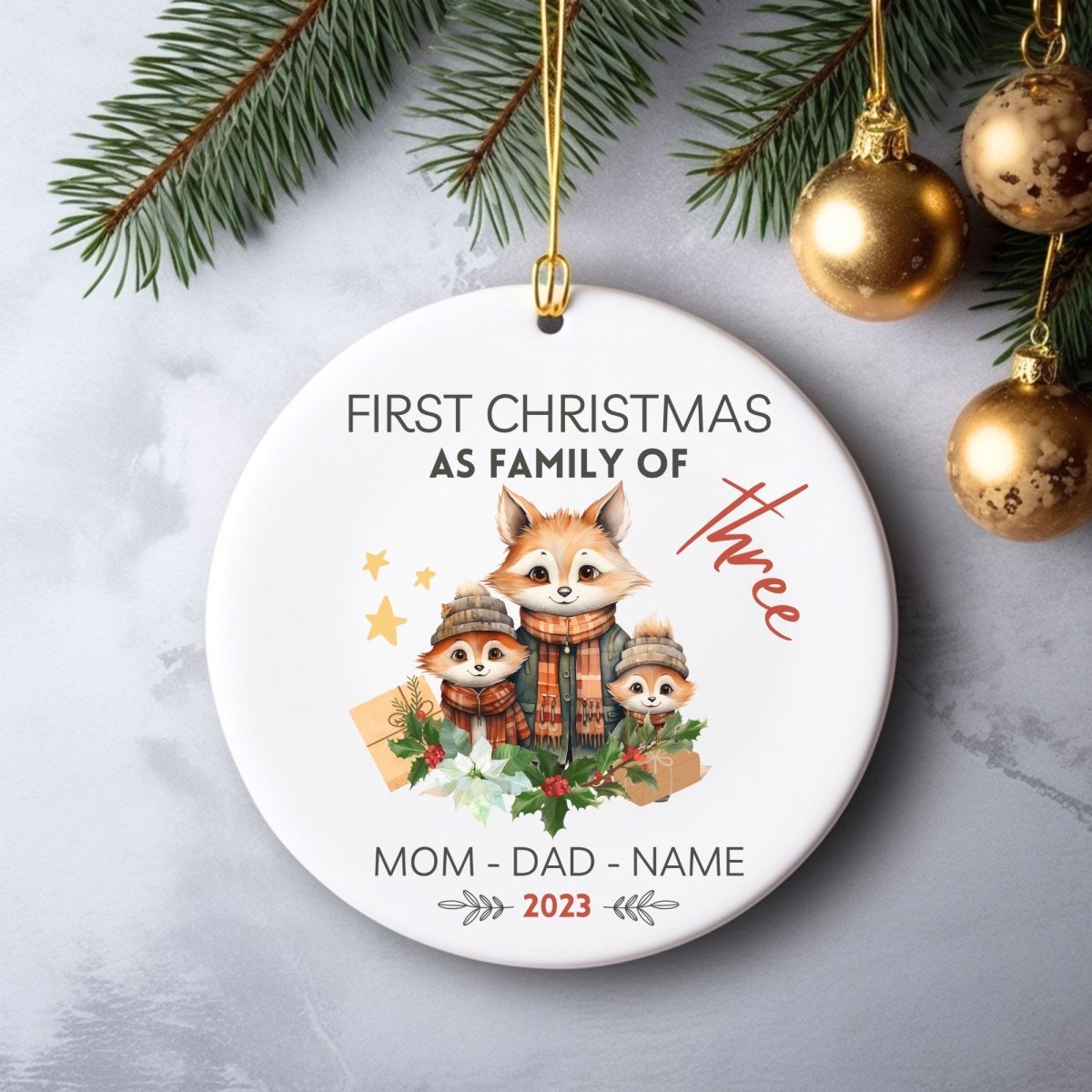 Personalised First Christmas as Family of Three - Custom Round Ceramic Ornament, New Baby Gift, First Christmas Tree Decoration - Everything Pixel