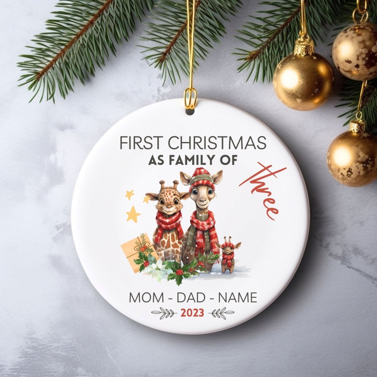 Personalised First Christmas as Family of Three - Custom Round Ceramic Ornament, New Baby Gift, First Christmas Tree Decoration - Everything Pixel