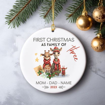 Personalised First Christmas as Family of Three - Custom Round Ceramic Ornament, New Baby Gift, First Christmas Tree Decoration - Everything Pixel