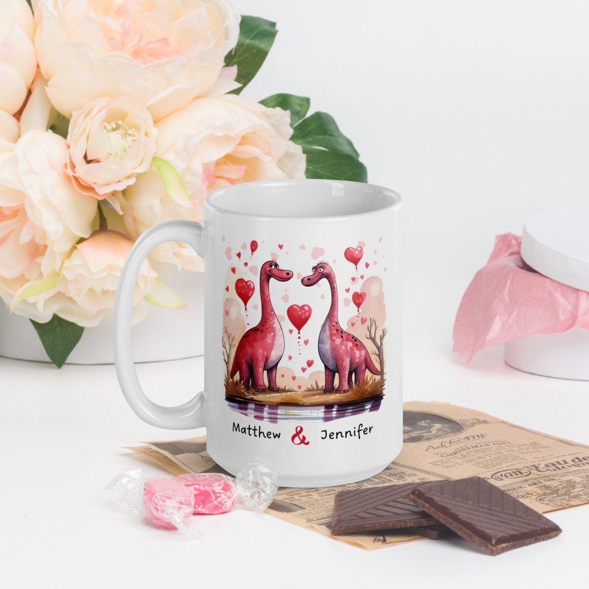 Personalized Couple Mug Custom Valentines Day Dinosaur Lovers Mug Gift for Couple Gift for Him and Her Cute Custom Name Anniversary Gift - Everything Pixel
