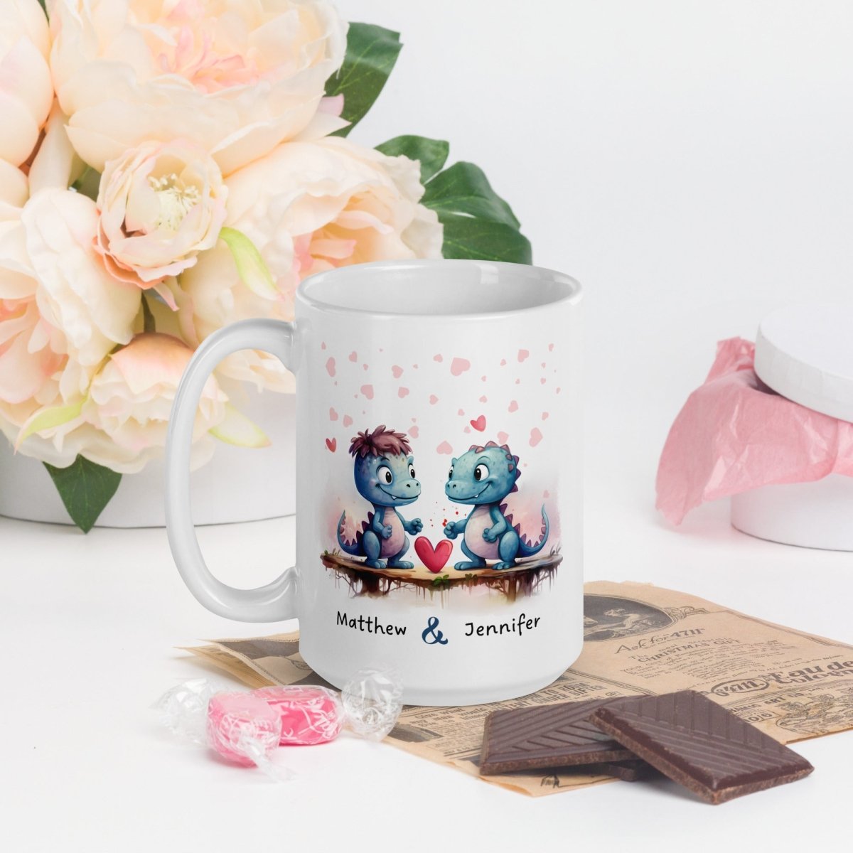 Personalized Couple Mug Custom Valentines Day Dinosaur Lovers Mug Gift for Couple Gift for Him and Her Cute Custom Name Anniversary Gift - Everything Pixel