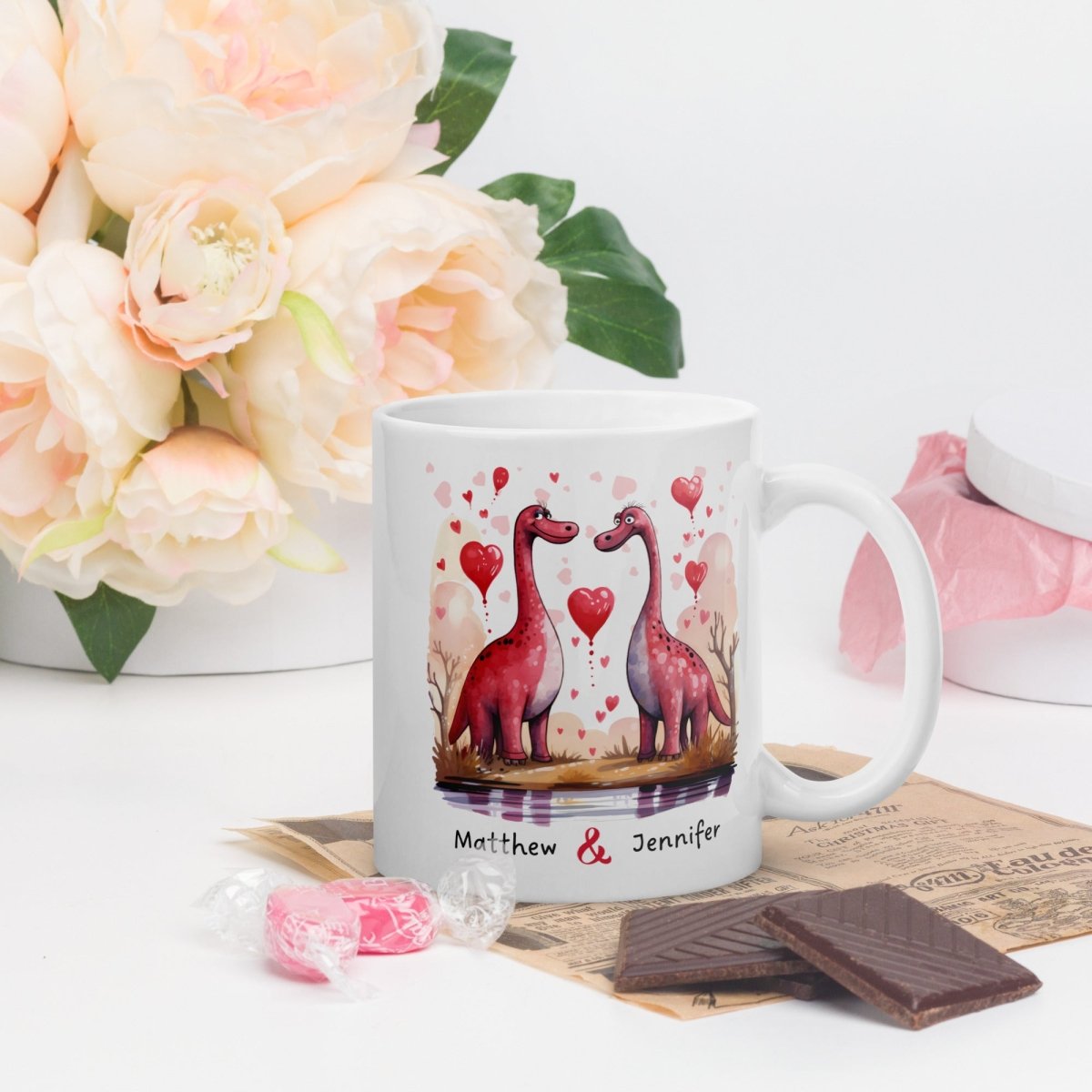 Personalized Couple Mug Custom Valentines Day Dinosaur Lovers Mug Gift for Couple Gift for Him and Her Cute Custom Name Anniversary Gift - Everything Pixel