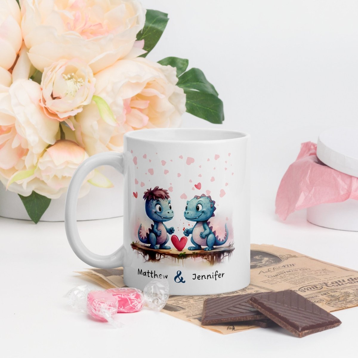 Personalized Couple Mug Custom Valentines Day Dinosaur Lovers Mug Gift for Couple Gift for Him and Her Cute Custom Name Anniversary Gift - Everything Pixel