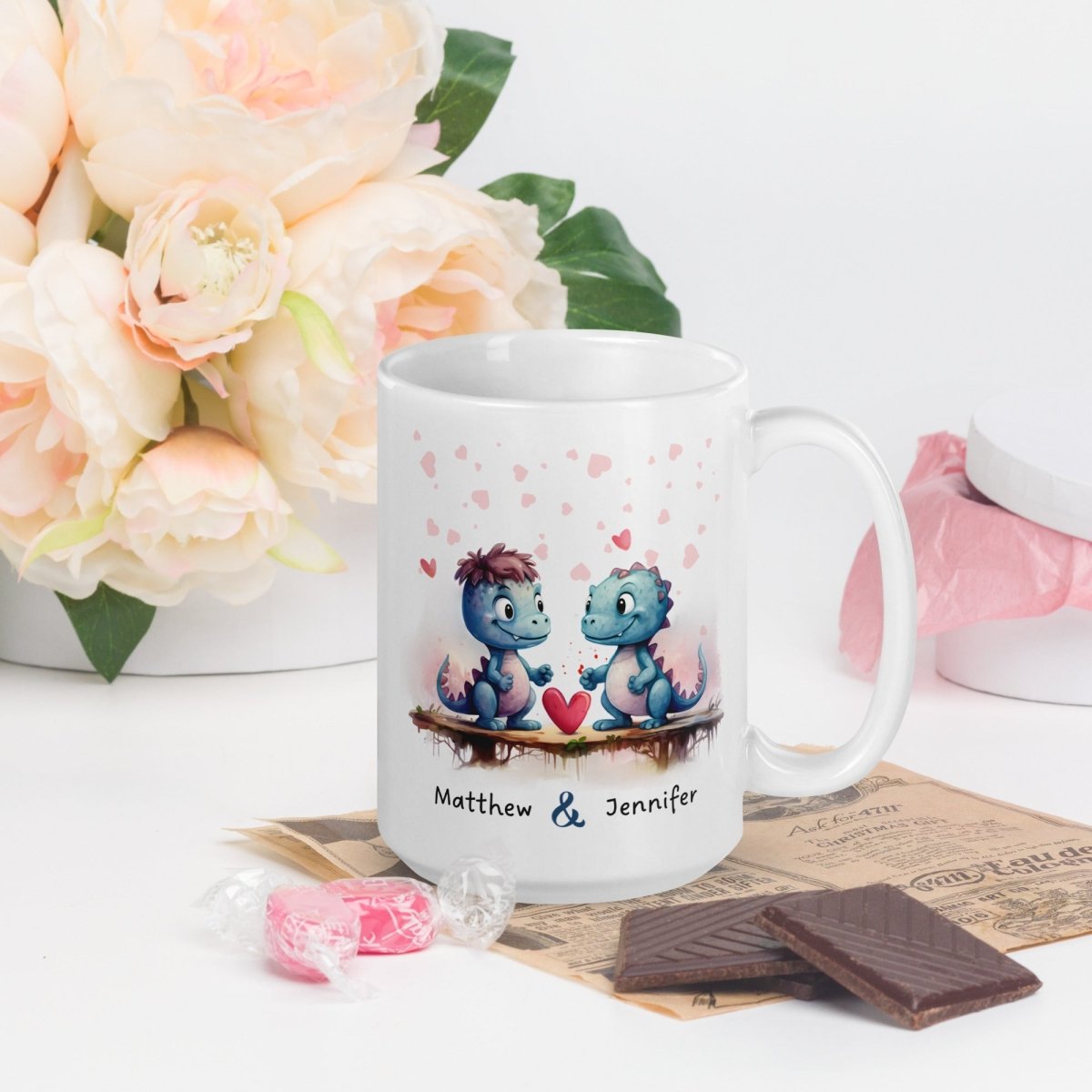 Personalized Couple Mug Custom Valentines Day Dinosaur Lovers Mug Gift for Couple Gift for Him and Her Cute Custom Name Anniversary Gift - Everything Pixel