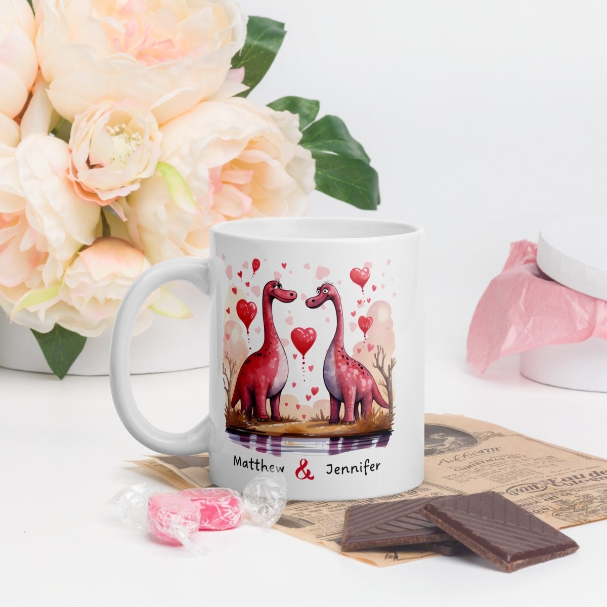 Personalized Couple Mug Custom Valentines Day Dinosaur Lovers Mug Gift for Couple Gift for Him and Her Cute Custom Name Anniversary Gift - Everything Pixel