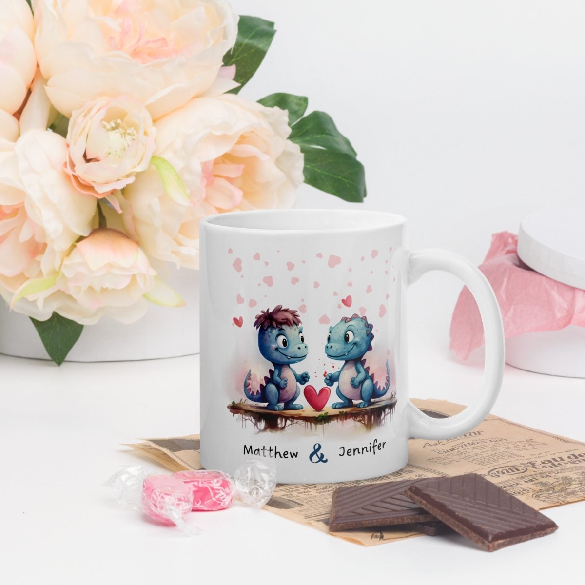 Personalized Couple Mug Custom Valentines Day Dinosaur Lovers Mug Gift for Couple Gift for Him and Her Cute Custom Name Anniversary Gift - Everything Pixel