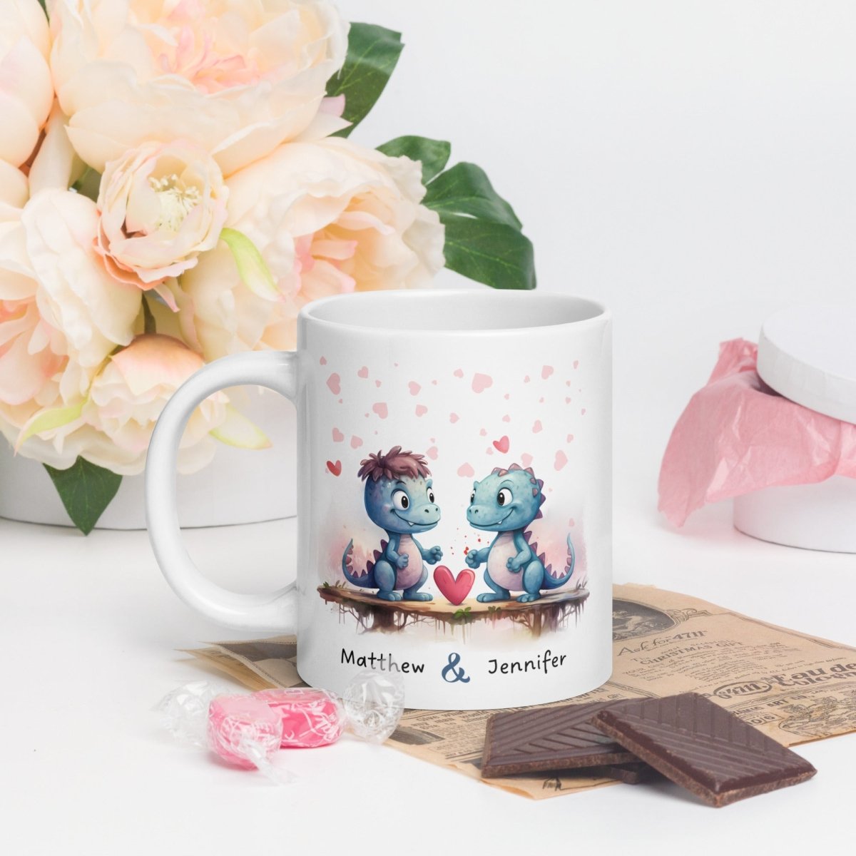 Personalized Couple Mug Custom Valentines Day Dinosaur Lovers Mug Gift for Couple Gift for Him and Her Cute Custom Name Anniversary Gift - Everything Pixel