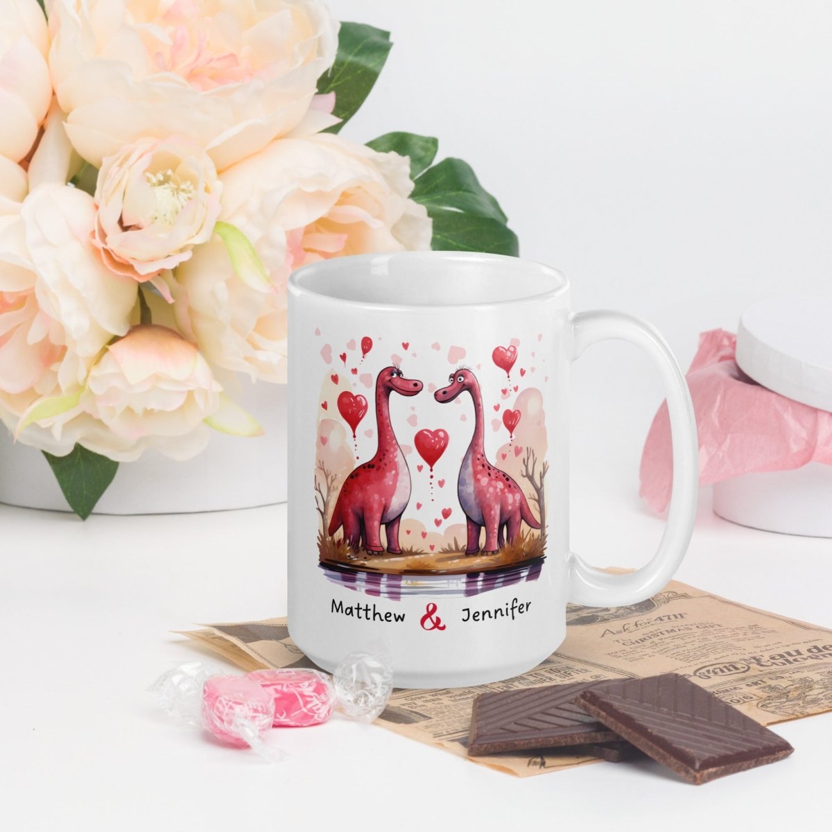 Personalized Couple Mug Custom Valentines Day Dinosaur Lovers Mug Gift for Couple Gift for Him and Her Cute Custom Name Anniversary Gift - Everything Pixel
