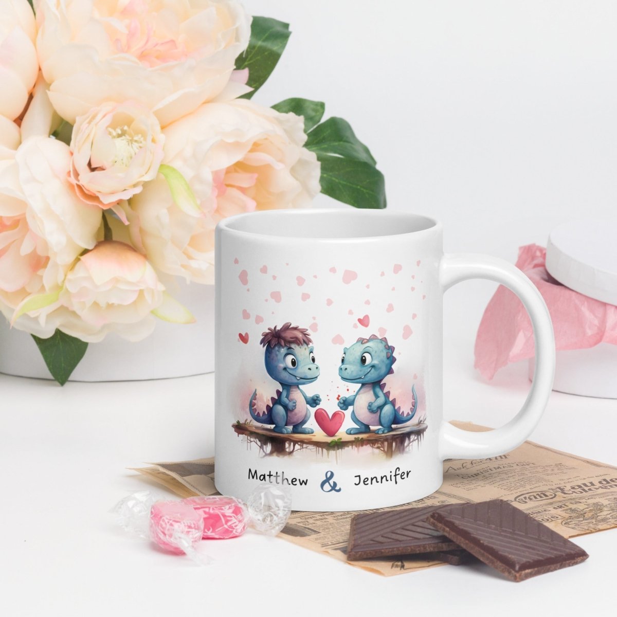 Personalized Couple Mug Custom Valentines Day Dinosaur Lovers Mug Gift for Couple Gift for Him and Her Cute Custom Name Anniversary Gift - Everything Pixel