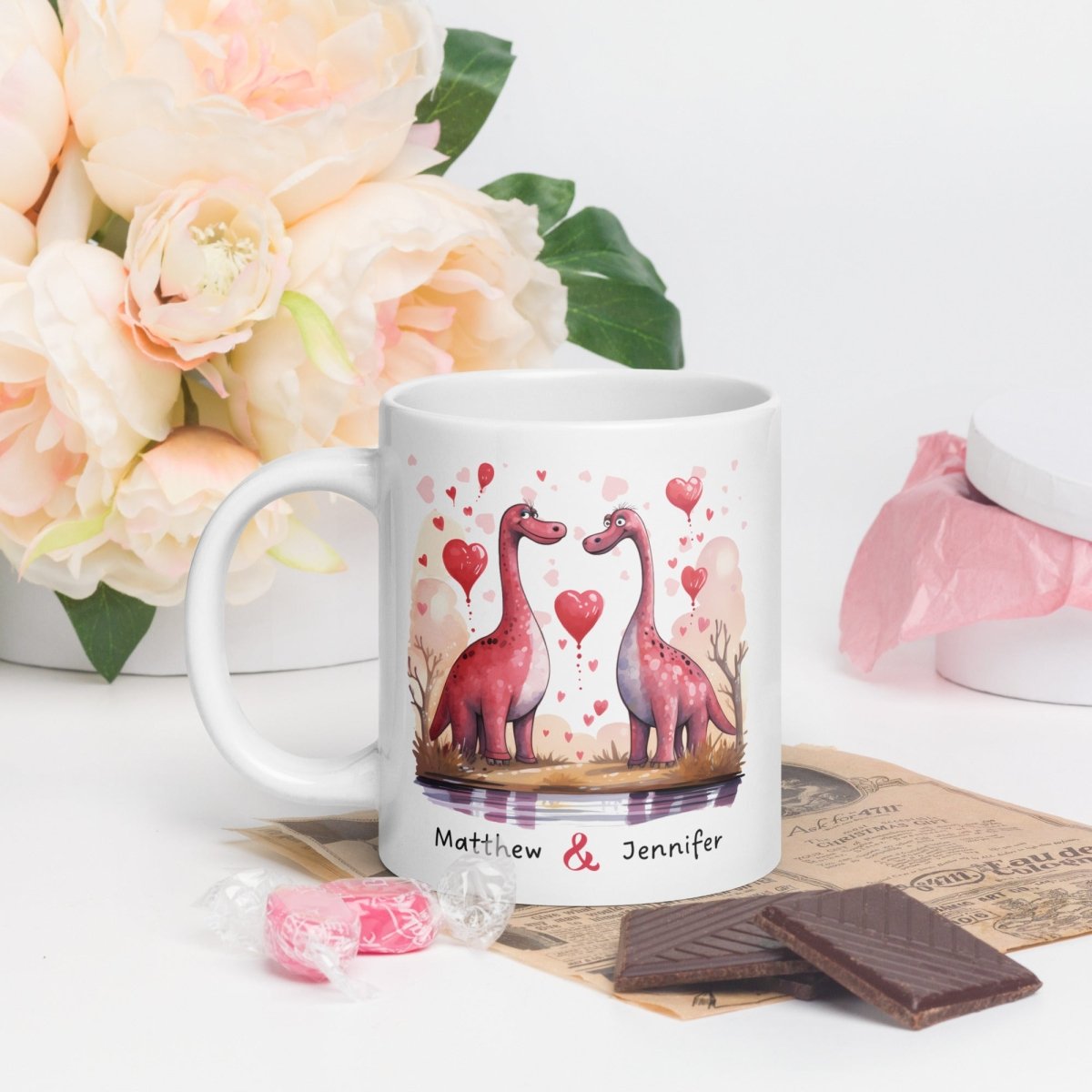 Personalized Couple Mug Custom Valentines Day Dinosaur Lovers Mug Gift for Couple Gift for Him and Her Cute Custom Name Anniversary Gift - Everything Pixel