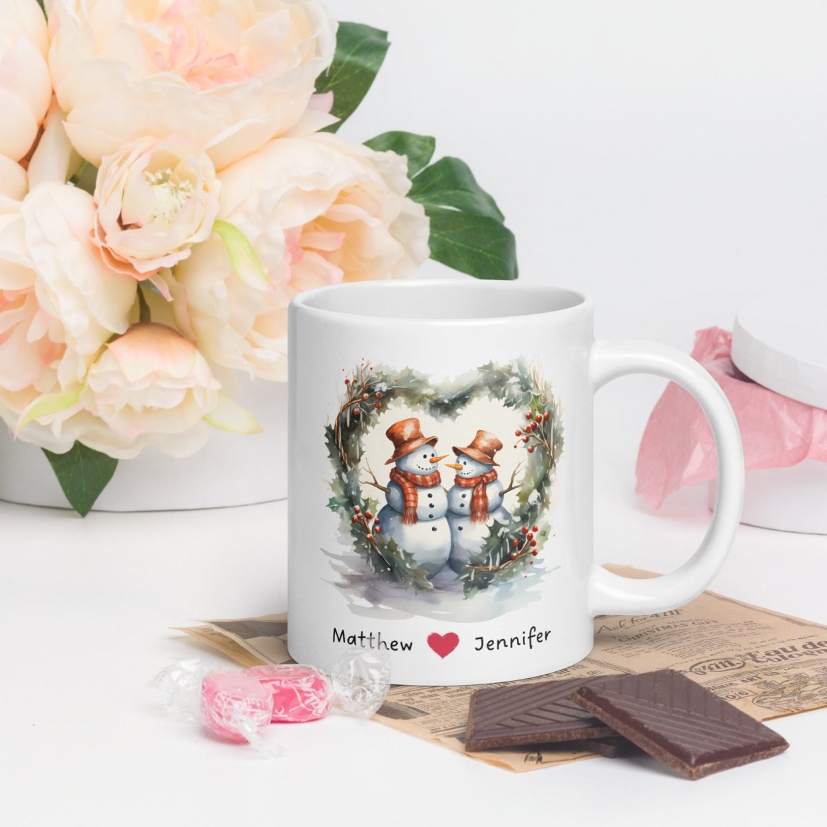 Personalized Lovers Mug Custom Valentines Day Snowman Couple Mug Gift for Couple Gift Idea for Him and Her Cute Custom Name Anniversary Gift - Everything Pixel